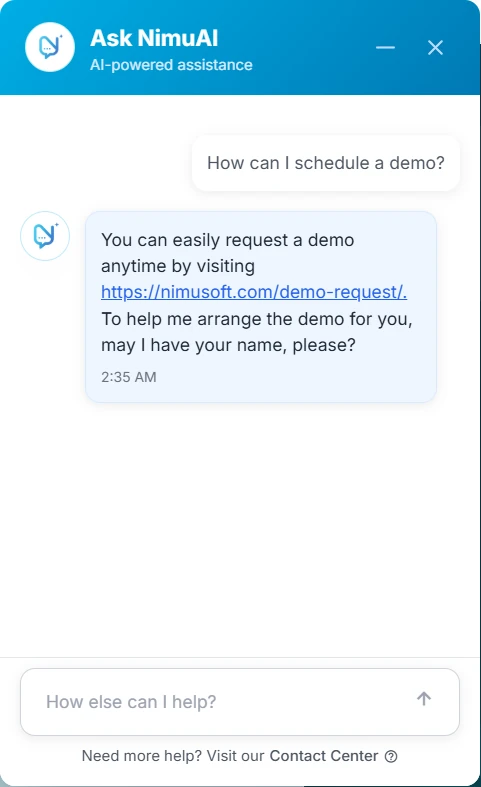 NimuAI chatbot answering a demo scheduling question
