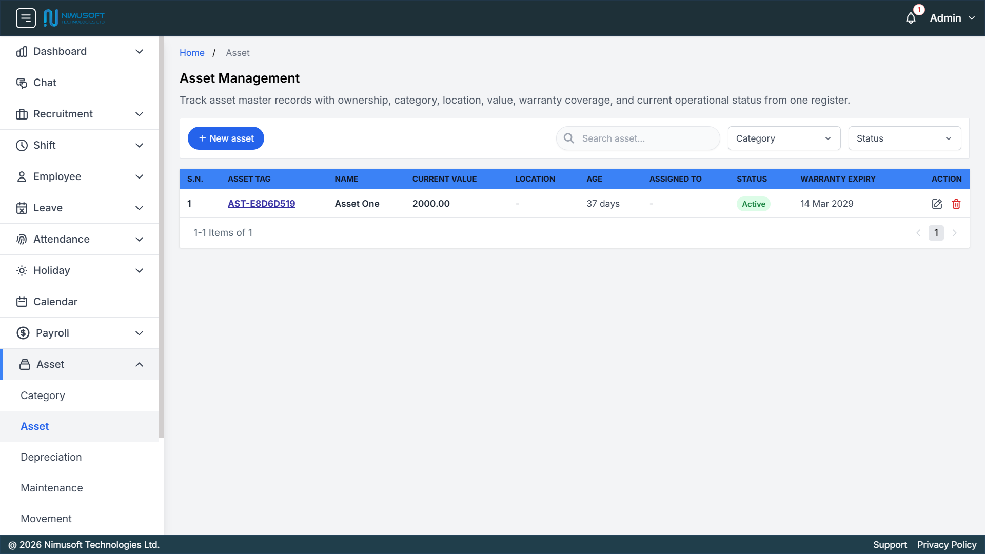 Nimu HR asset management overview showing asset tag, asset name, current value, location, asset age, assigned employee, status, and warranty expiry