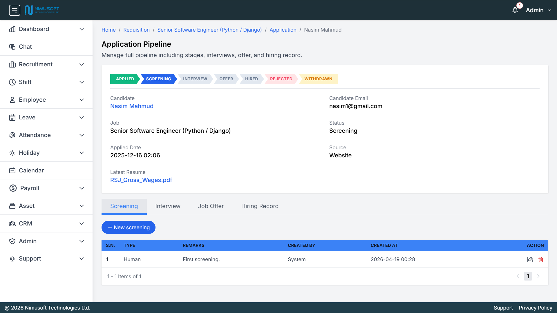Nimu HR applicant tracking system showing application pipeline, candidate details, job title, screening status, and recruitment workflow tabs