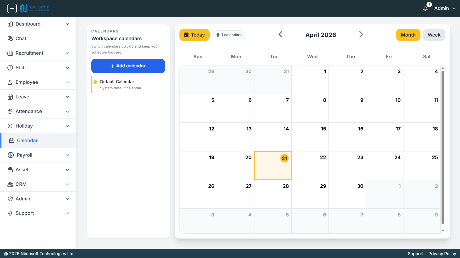 Nimu HR calendar management view showing workspace calendars, month and week calendar tabs, shared scheduling, and event planning layout