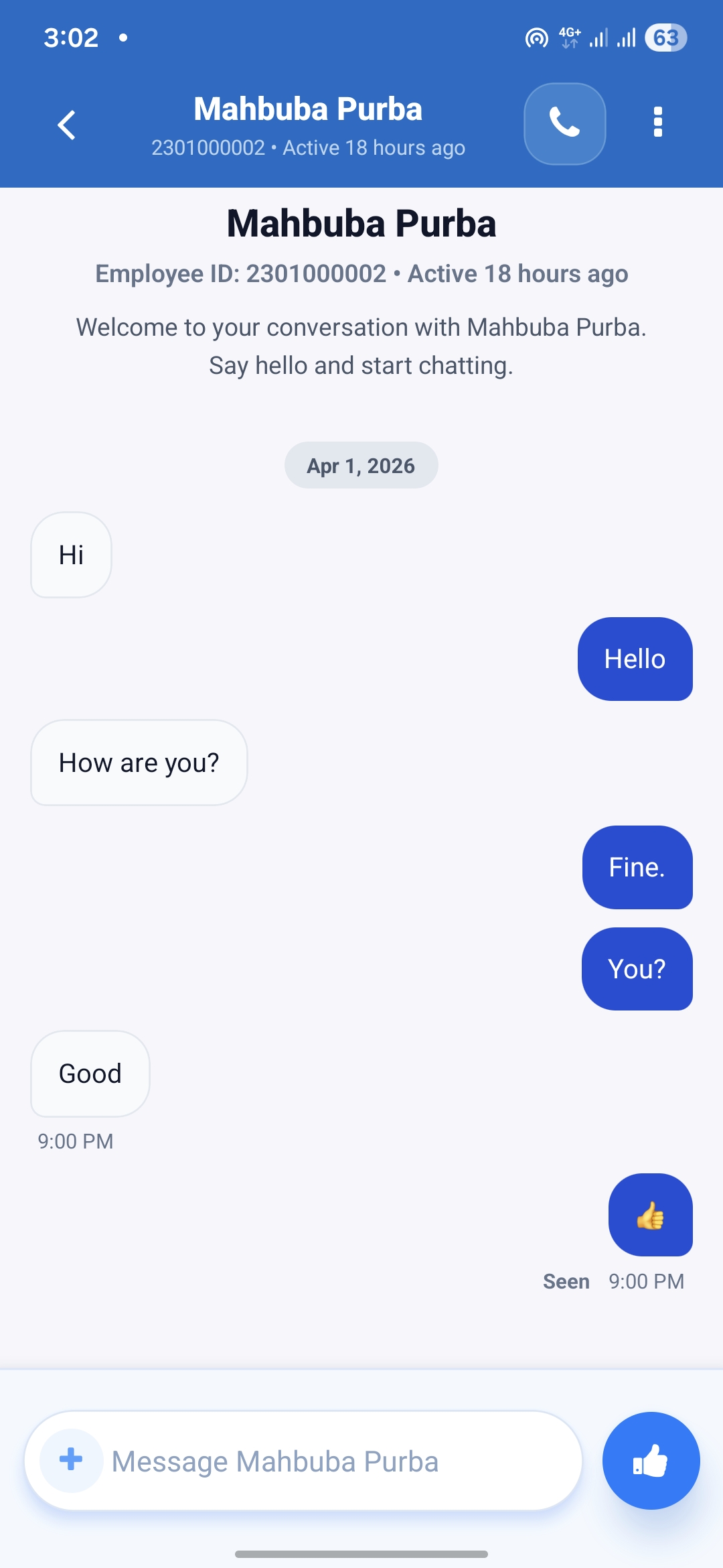 Nimu HR chats and calls mobile screen showing employee chat conversation, employee status, voice call action, and message composer