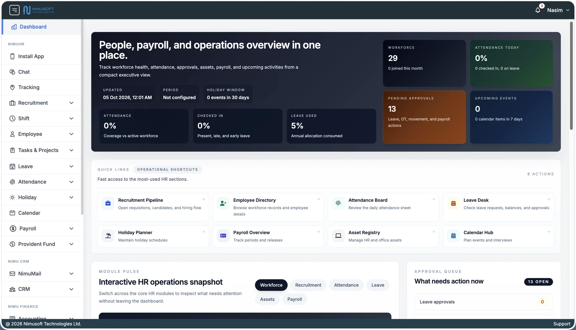 NimuHR dashboard showing workforce, attendance, payroll, approvals, and HR shortcuts