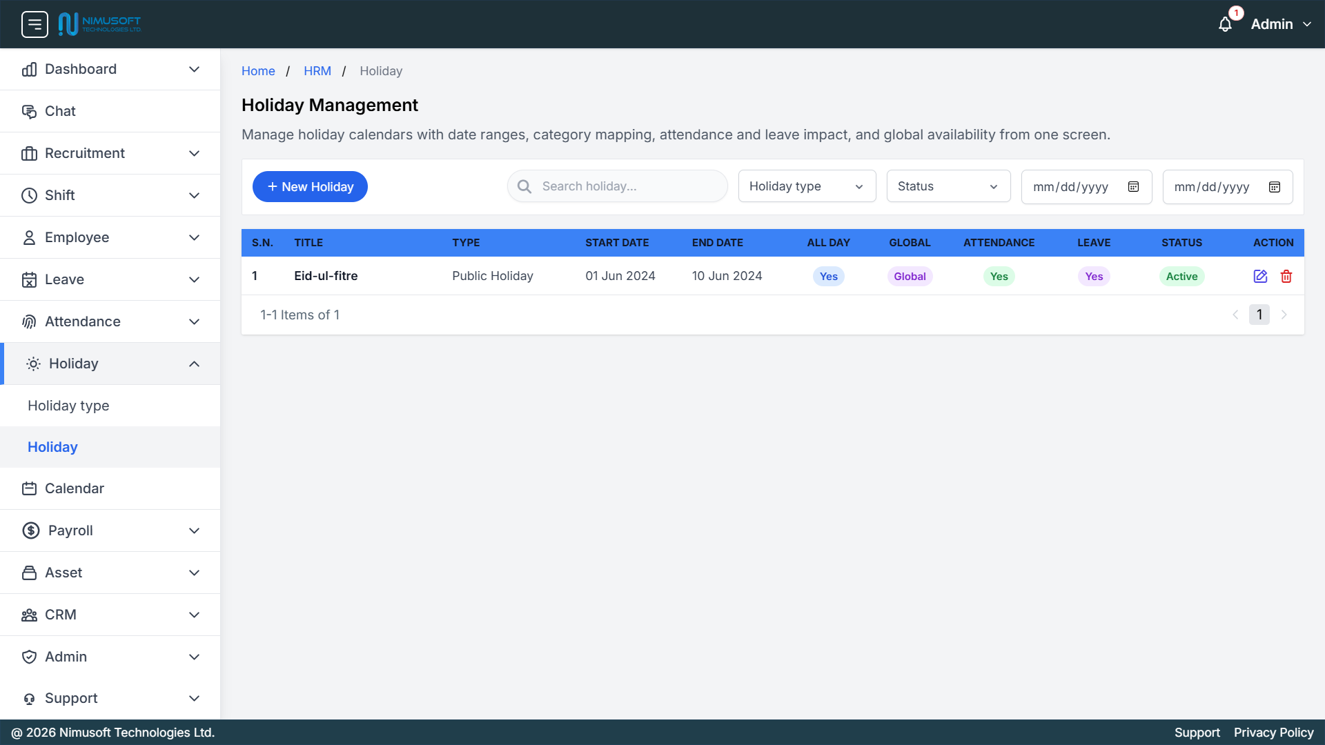 Nimu HR holiday management overview showing holiday title, holiday type, date range, attendance impact, leave impact, global status, and holiday records