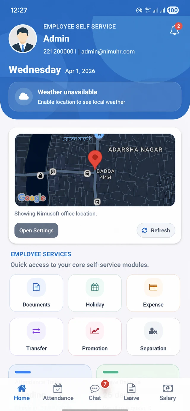 NimuHR employee self service mobile application showing a generic Admin profile
