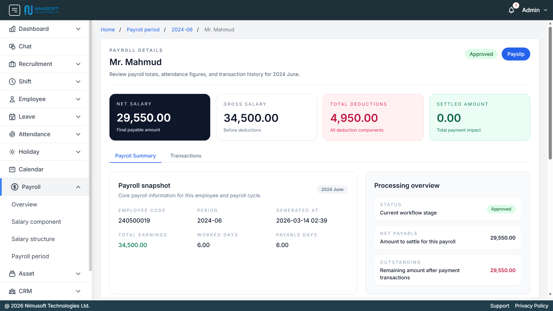 Nimu HR payroll details showing net salary, gross salary, deductions, settled amount, payroll summary, payroll status, payable amount, and payslip actions