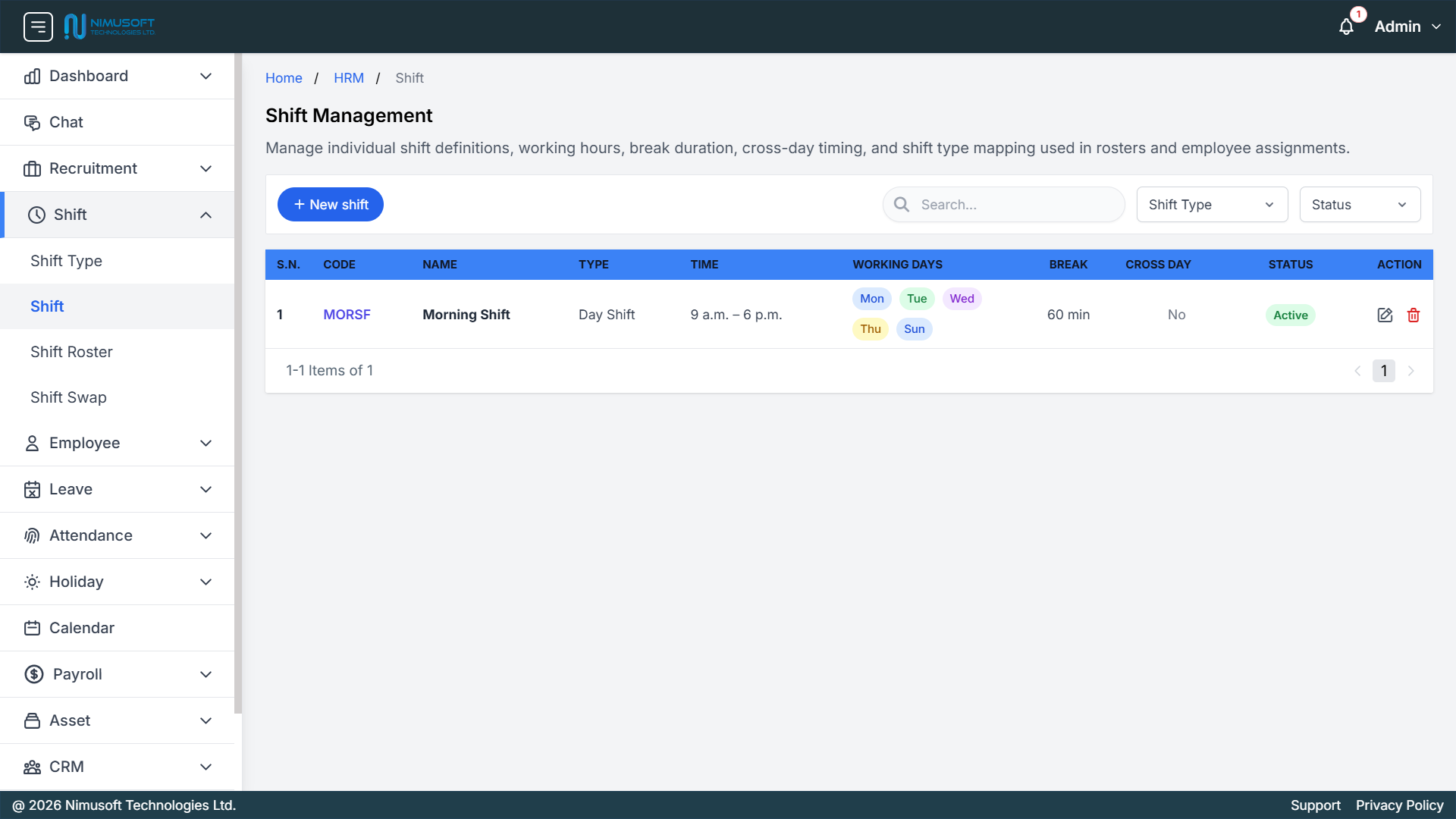 Nimu HR shift management overview showing shift code, shift name, shift type, working time, working days, break duration, cross-day status, and shift controls