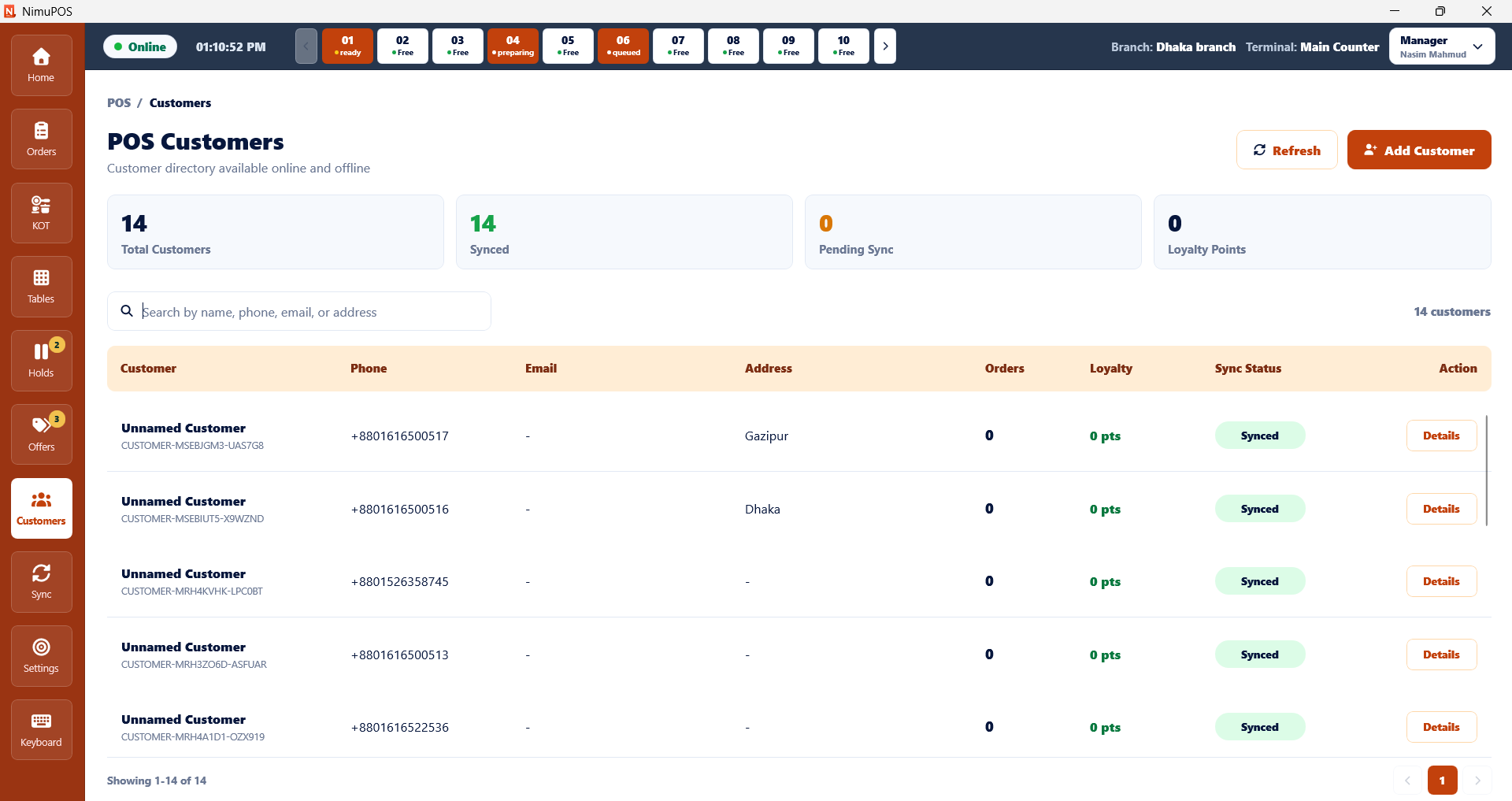 NimuPOS restaurant customer and loyalty directory with offline synchronization status
