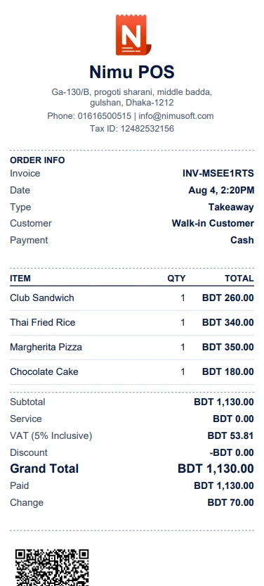 Real NimuPOS invoice feeding through the printer's front output slot