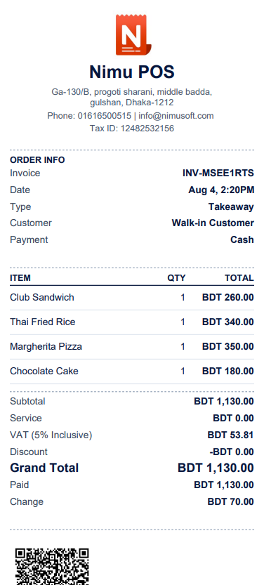 Real NimuPOS invoice feeding through the printer's front output slot