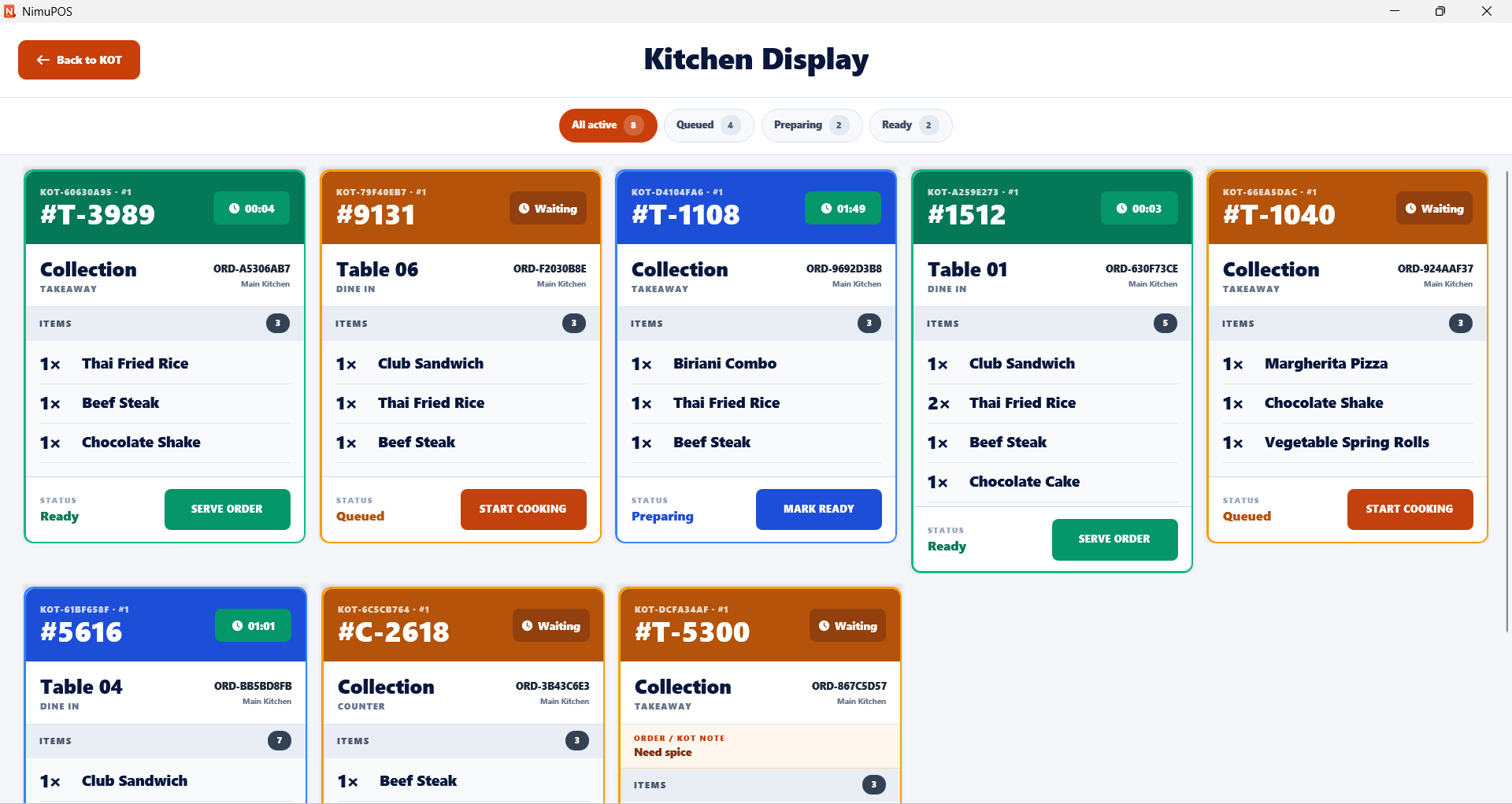 NimuPOS Kitchen Display showing live queued, preparing and ready kitchen tickets