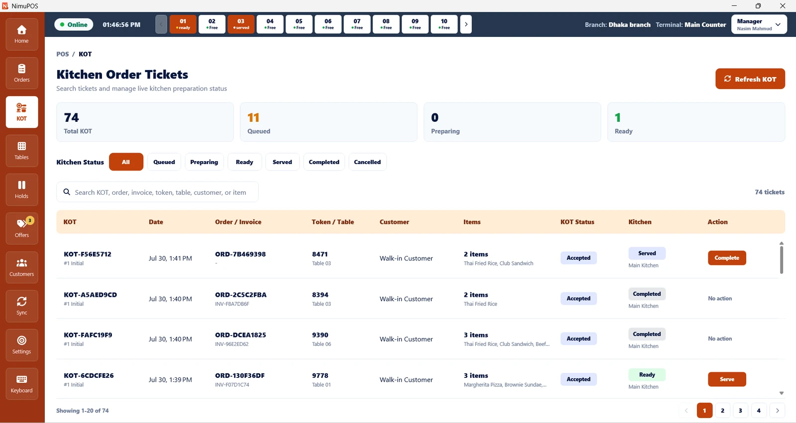 NimuPOS kitchen order ticket management screen with queued, preparing, ready and completed filters