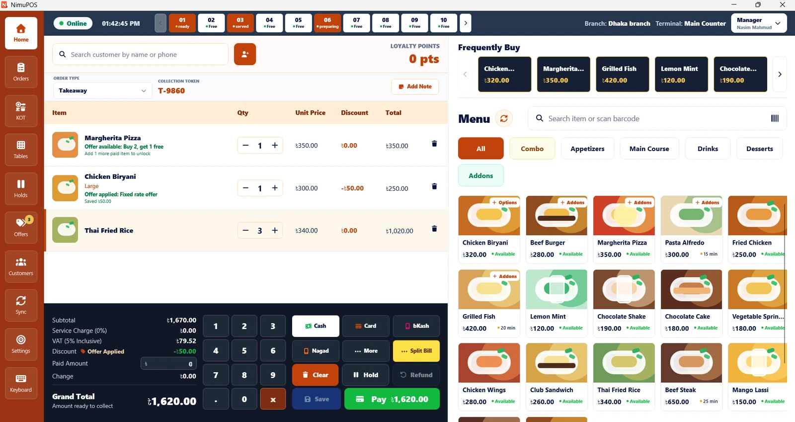 NimuPOS restaurant checkout running on the real point-of-sale terminal
