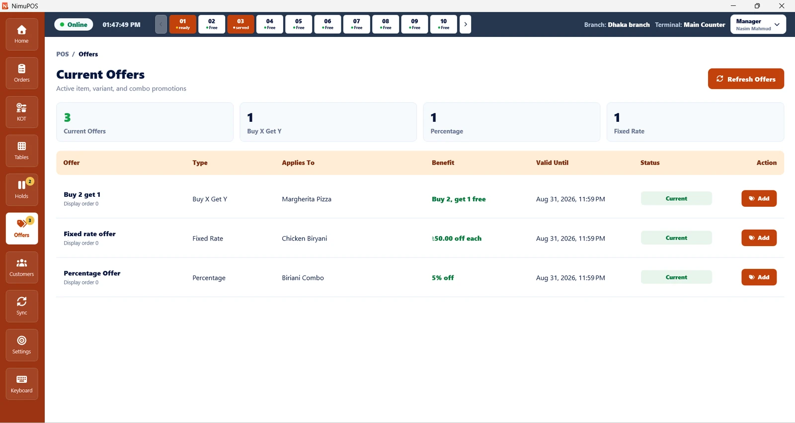 NimuPOS restaurant offer screen showing Buy X Get Y, percentage and fixed rate promotions