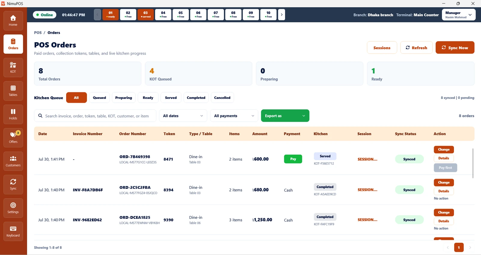 NimuPOS restaurant order management with invoices, payments, KOT and synchronization status