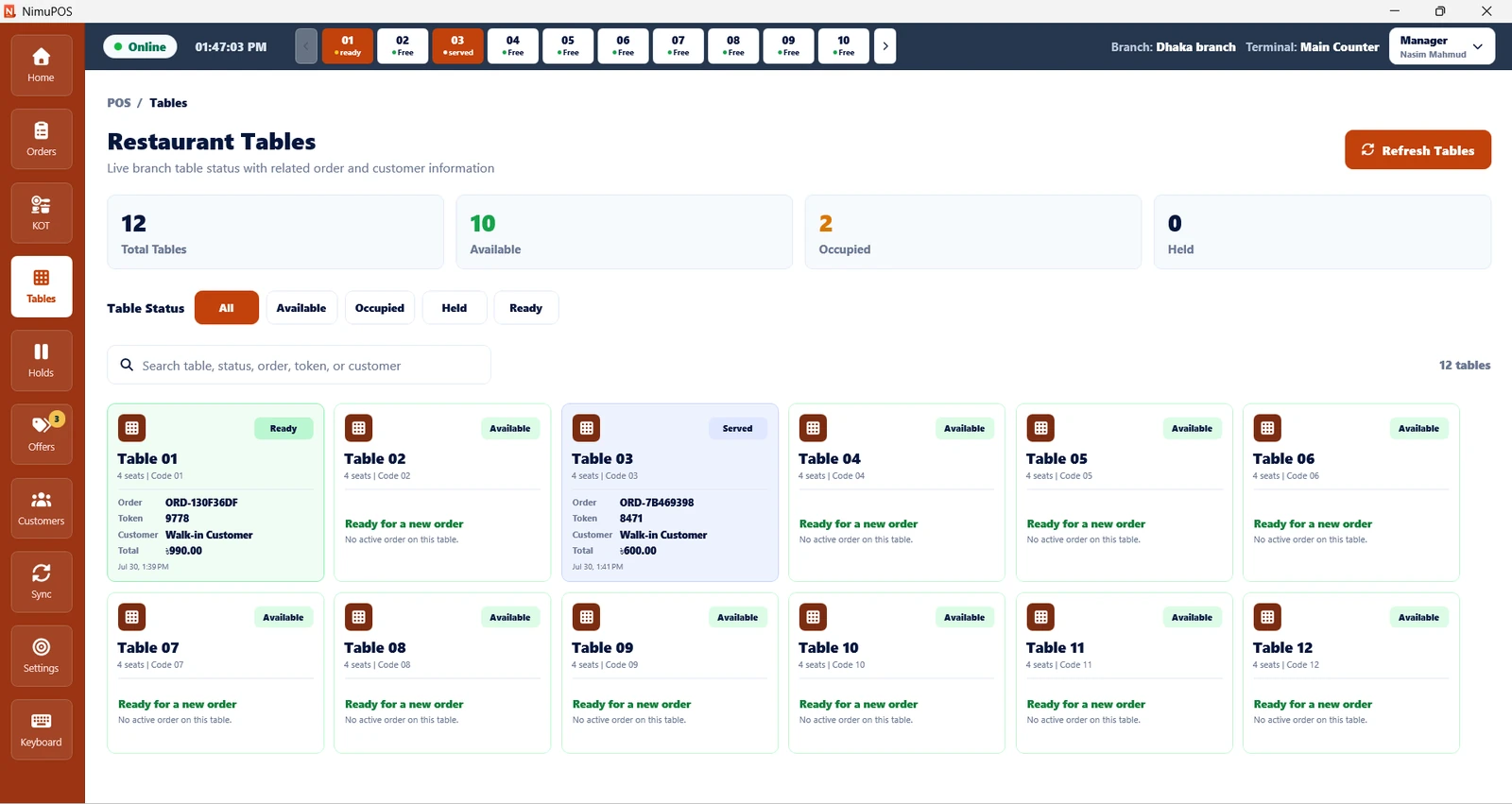NimuPOS restaurant table management screen with table availability and active order status