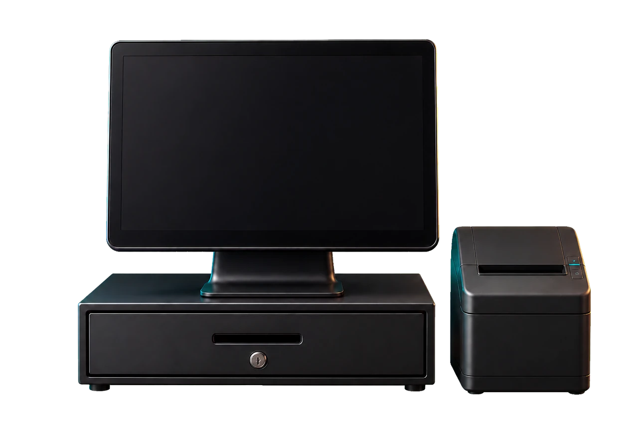 Graphically accurate restaurant POS terminal, cash drawer and front-output thermal receipt printer integrated into the NimuPOS hero
