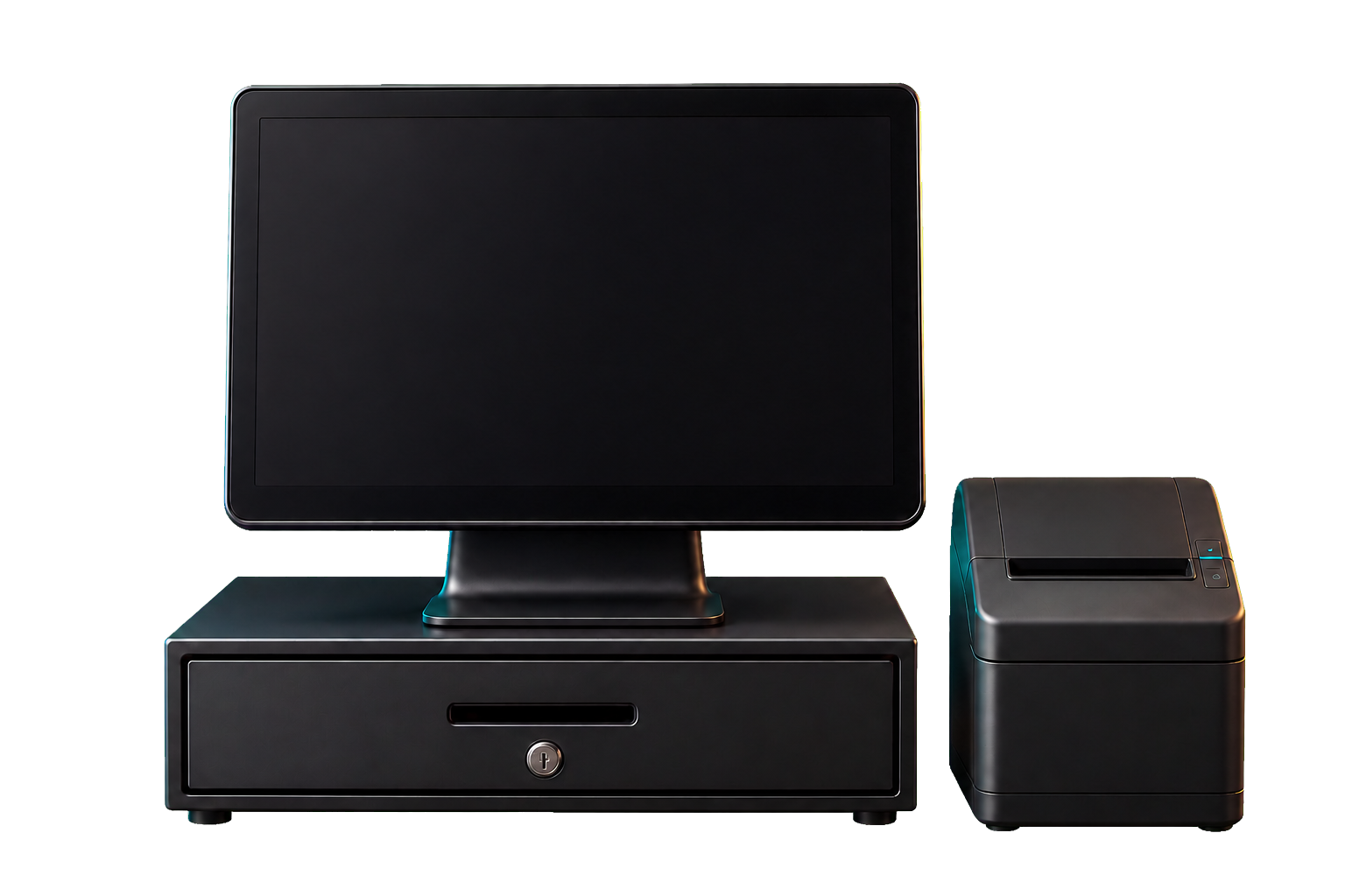 Graphically accurate restaurant POS terminal, cash drawer and front-output thermal receipt printer integrated into the NimuPOS hero